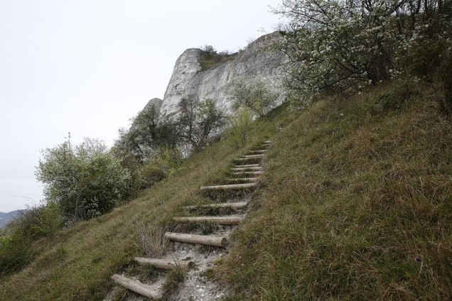 Escalier fait de rondins de bois sur un sentier du Trail des deux amants.